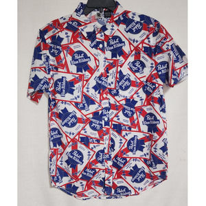 Pabst blue ribbon beer collared button up short sleeve shirt medium